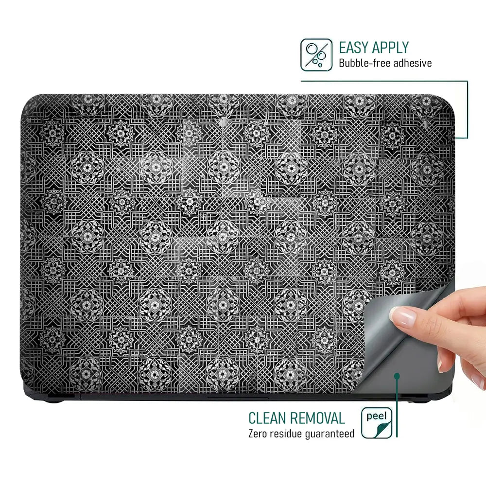 Black Silver Floral Tile - Metallic and Textured Finish Laptop Skin - View 4