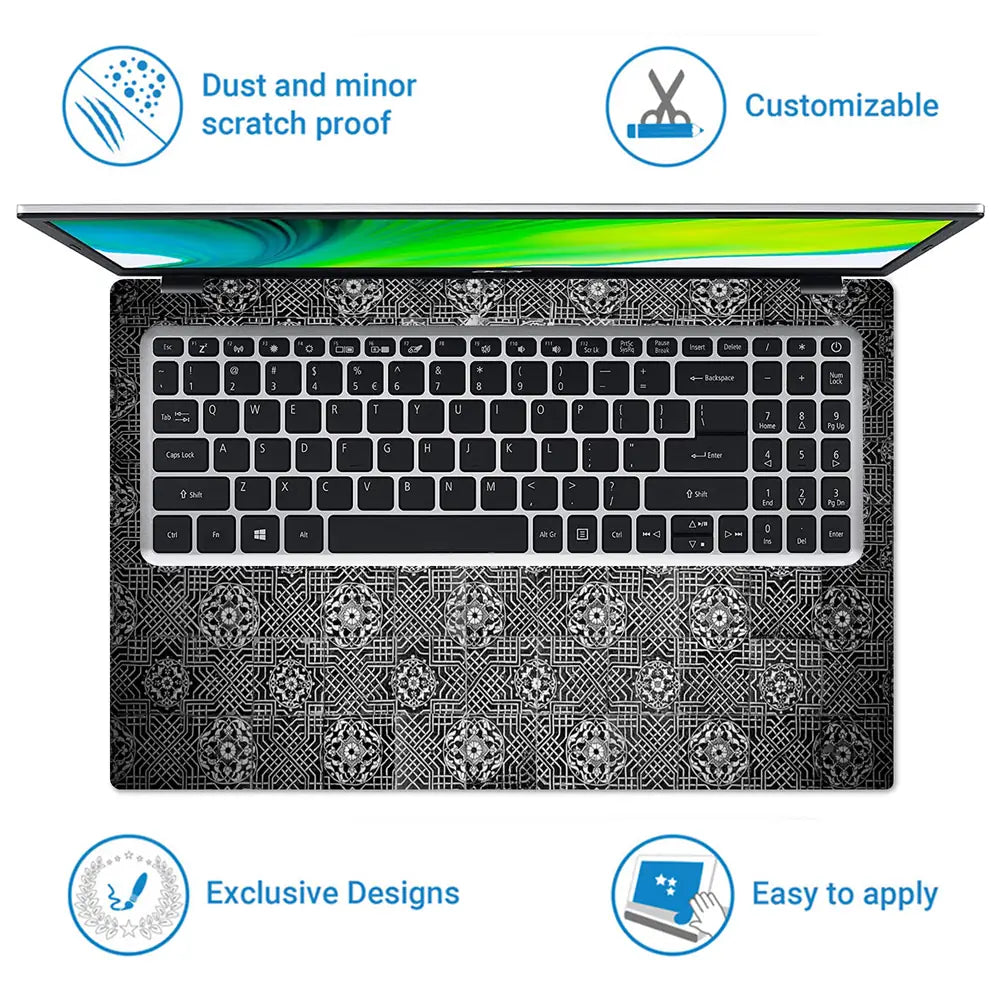 Black Silver Floral Tile - Metallic and Textured Finish Laptop Skin - View 5