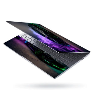 Black Sports Car Green Neon Lights Purple Smoke Laptop Skin - View 3