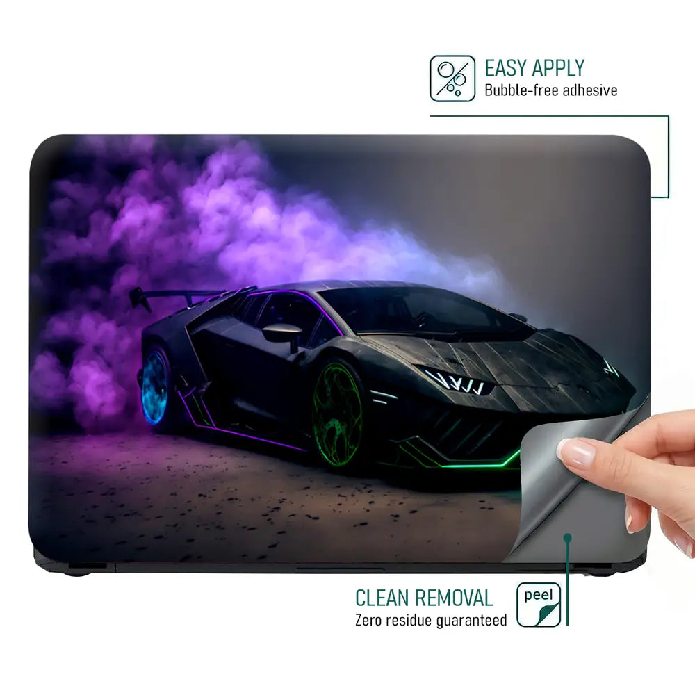 Black Sports Car Green Neon Lights Purple Smoke Laptop Skin - View 4
