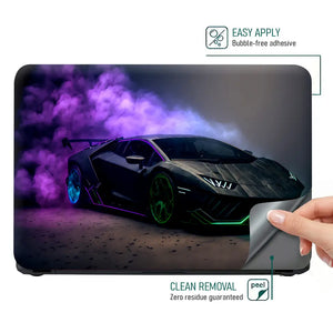 Black Sports Car Green Neon Lights Purple Smoke Laptop Skin - View 4