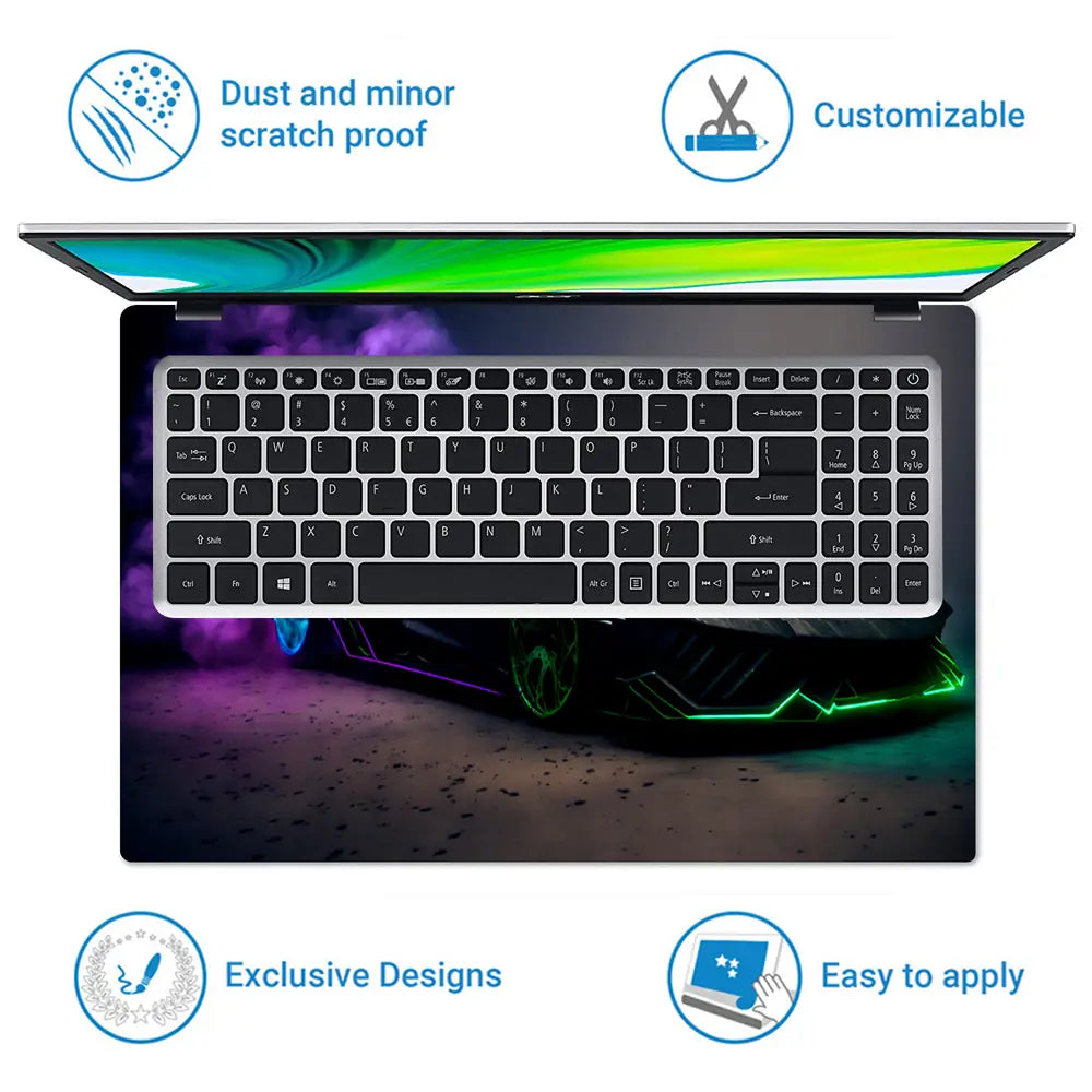 Black Sports Car Green Neon Lights Purple Smoke Laptop Skin - View 5