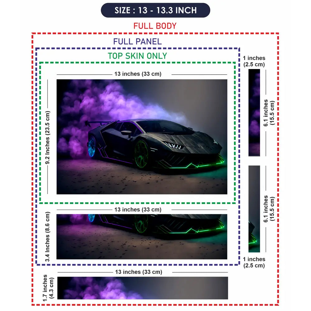 Black Sports Car Green Neon Lights Purple Smoke Laptop Skin - View 6
