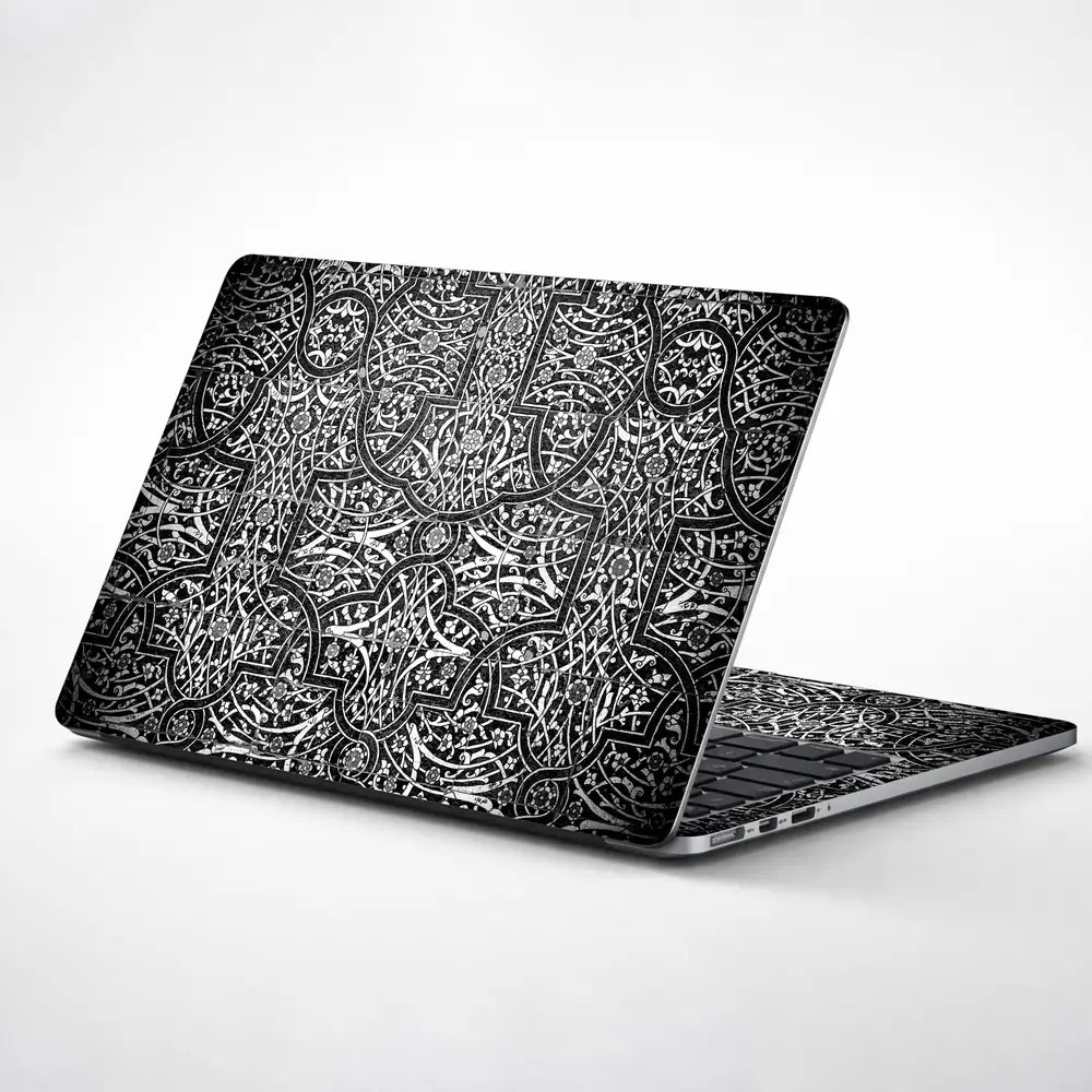Black White Arabesque Tile - Metallic and Textured Finish Laptop Skin - View 1
