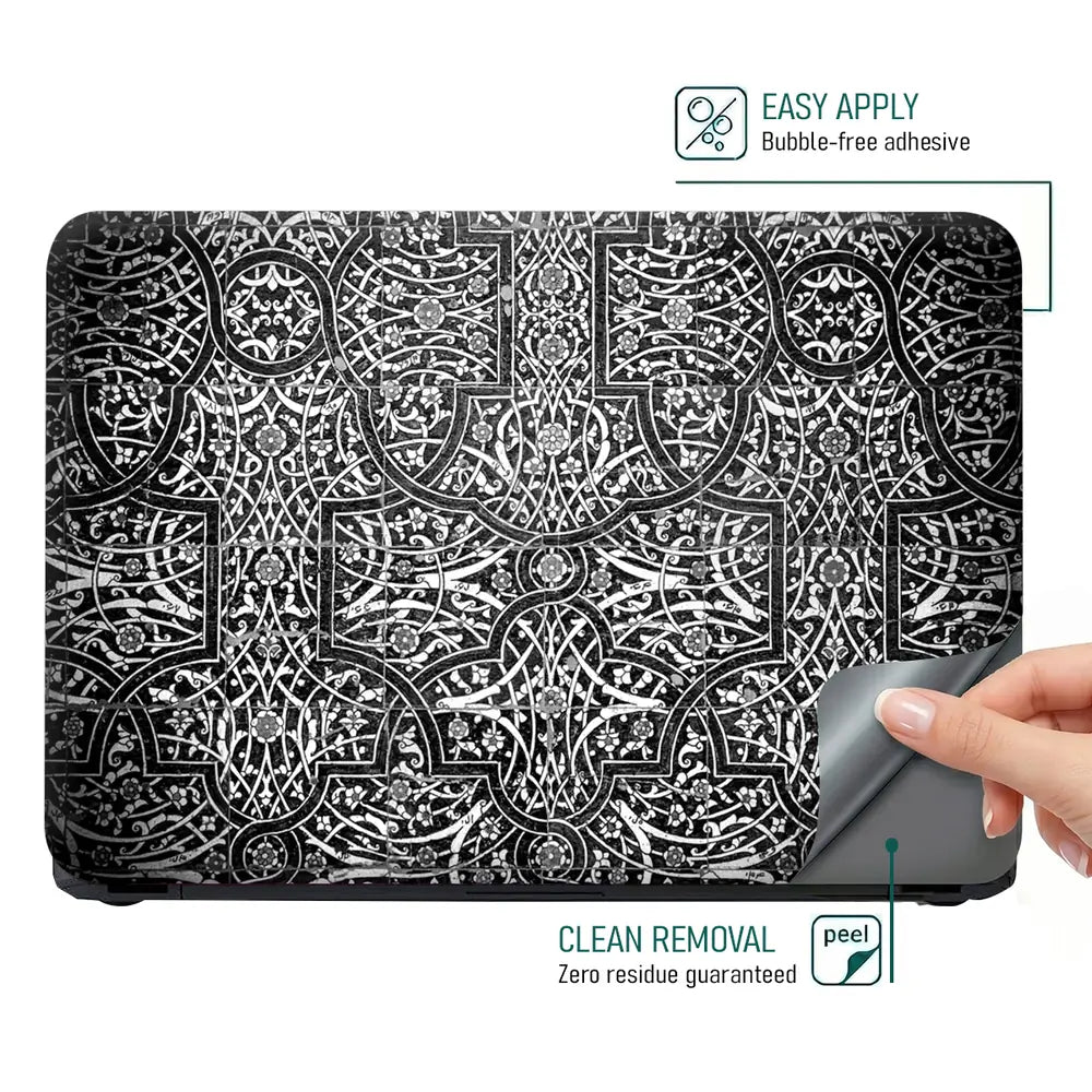 Black White Arabesque Tile - Metallic and Textured Finish Laptop Skin - View 4