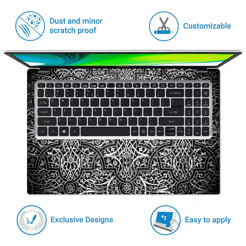 Black White Arabesque Tile - Metallic and Textured Finish Laptop Skin - View 5