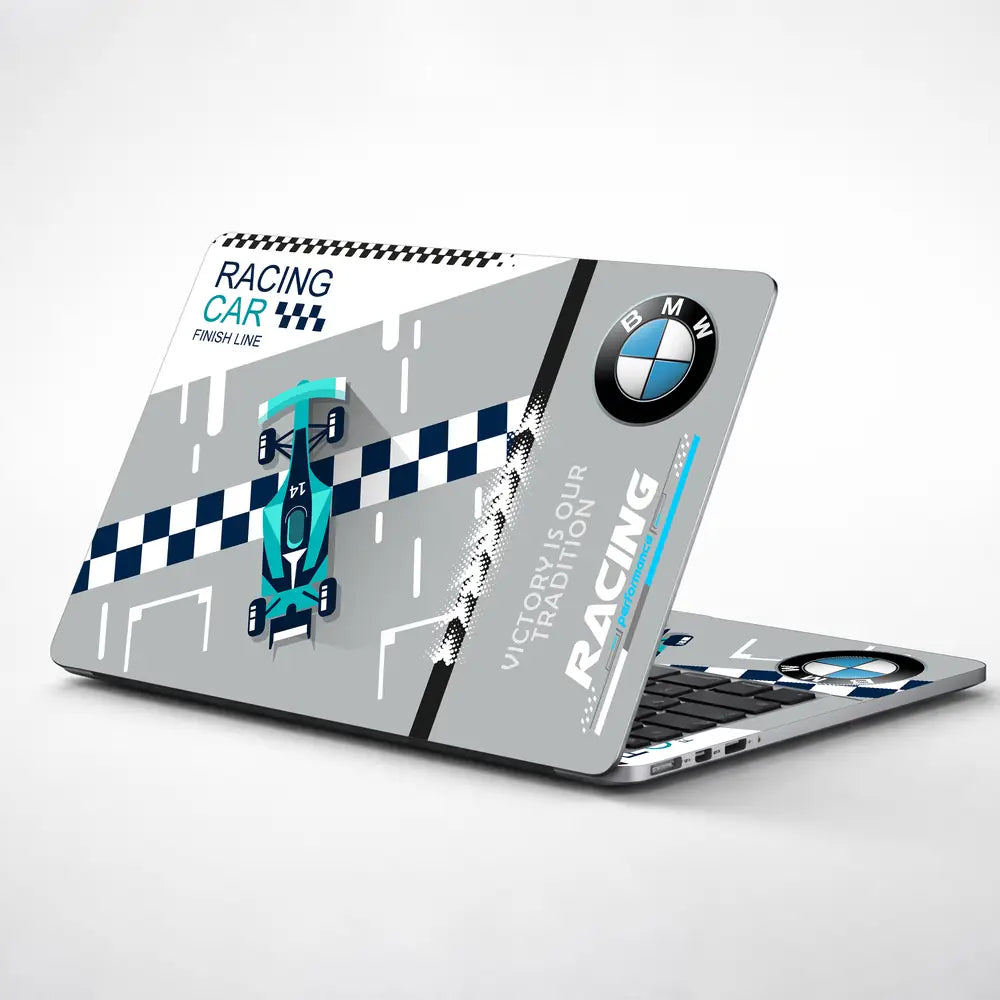 Blue BMW Racing Car Finish Line Laptop Skin - View 1