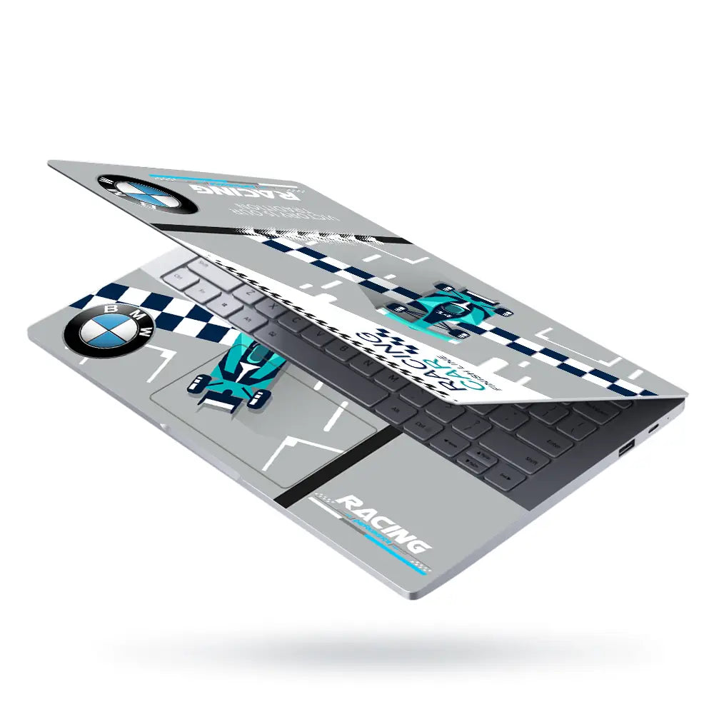 Blue BMW Racing Car Finish Line Laptop Skin - View 3