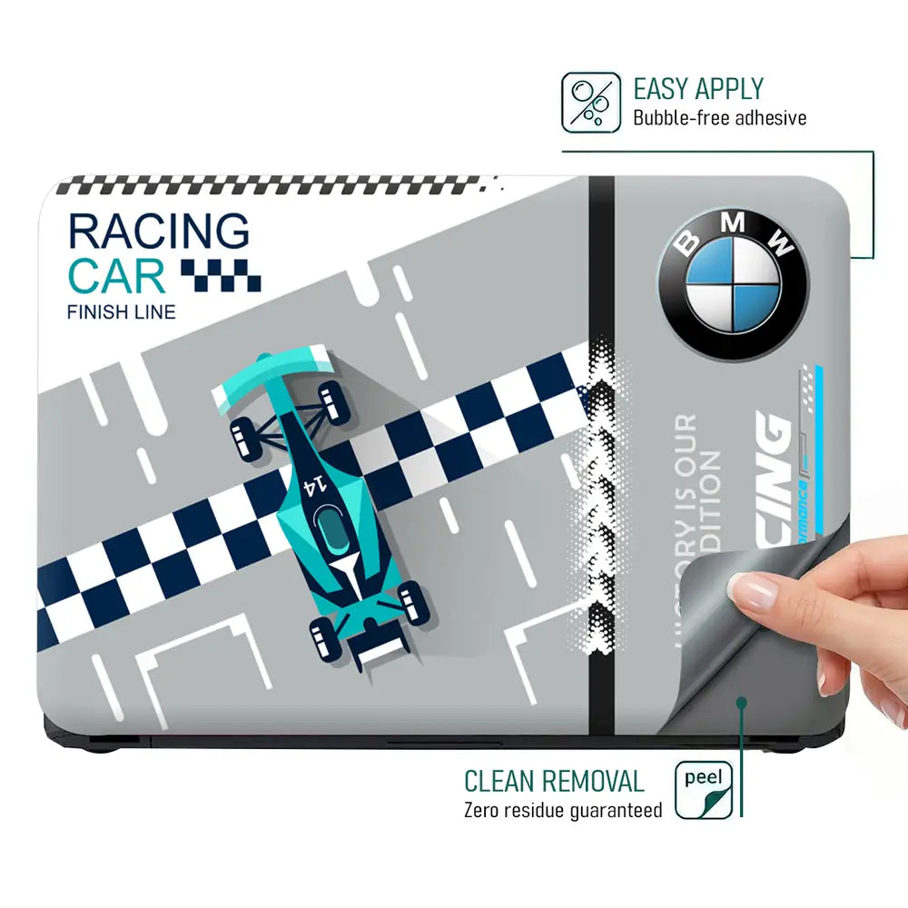 Blue BMW Racing Car Finish Line Laptop Skin - View 4