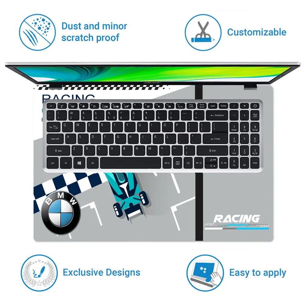 Blue BMW Racing Car Finish Line Laptop Skin - View 5