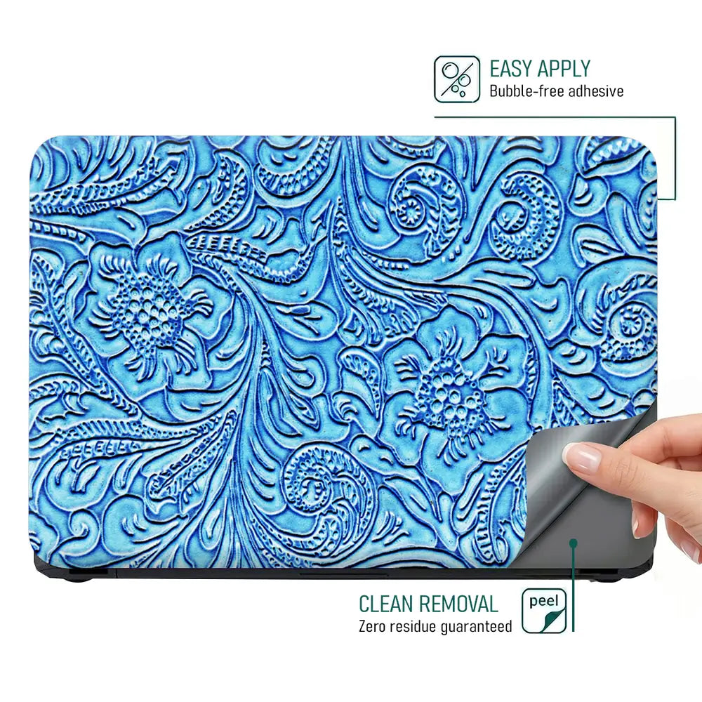 Blue Floral Leather - Metallic and Textured Finish Laptop Skin - View 4