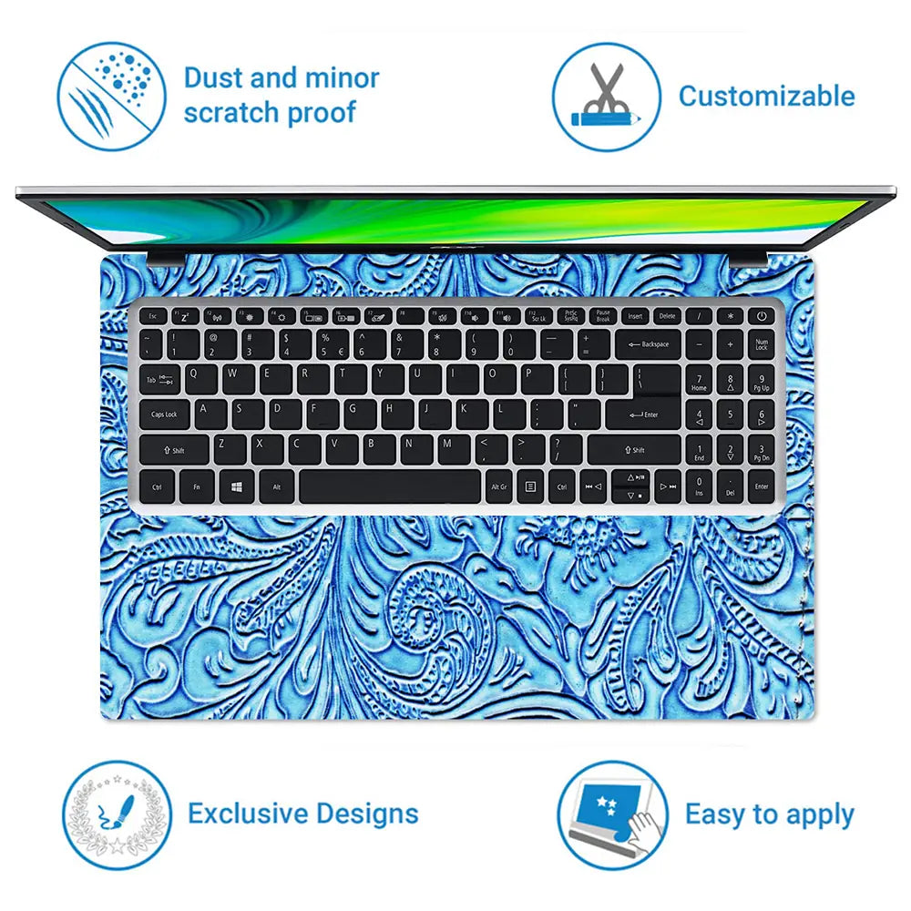 Blue Floral Leather - Metallic and Textured Finish Laptop Skin - View 5
