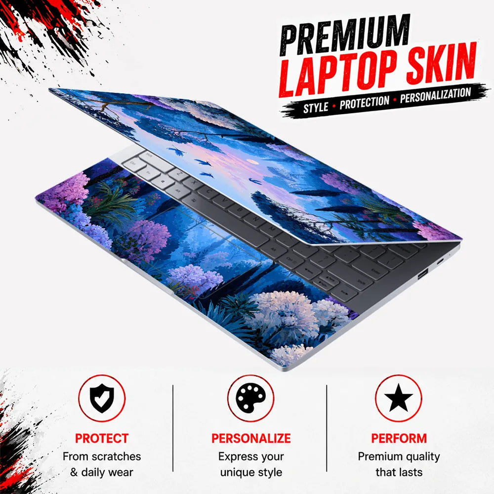 Blue Forest Birds Pink Sunset Laptop Skin - View 3