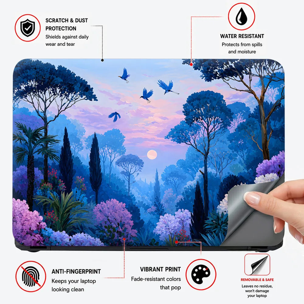 Blue Forest Birds Pink Sunset Laptop Skin - View 4