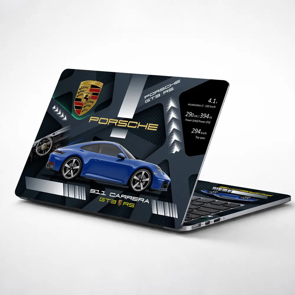 Blue Porsche 911 Carrera GTS RS Dark Topographic Design Laptop Skin - View 1