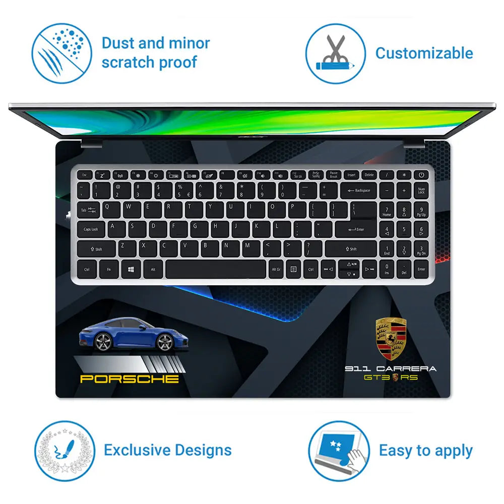 Blue Porsche 911 Carrera GTS RS Dark Topographic Design Laptop Skin - View 5