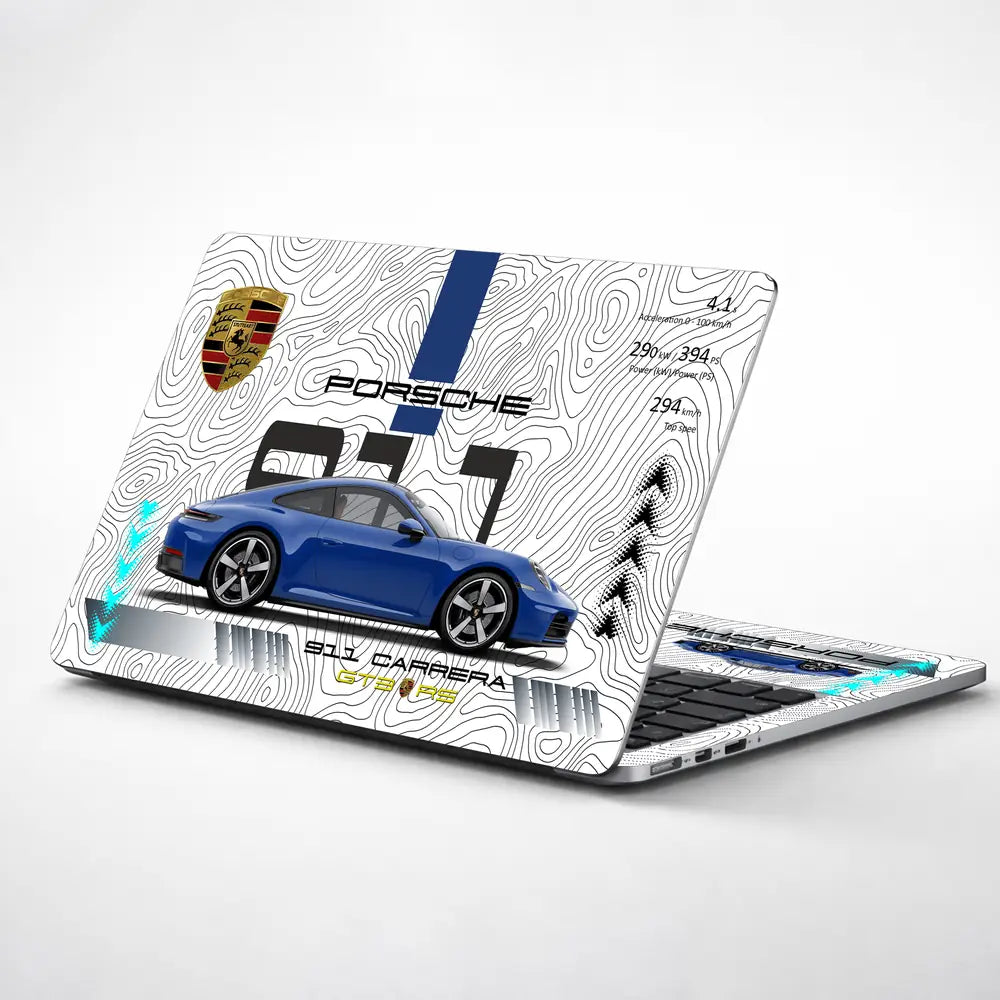Blue Porsche 911 Carrera White Topographic Map Design Laptop Skin - View 1