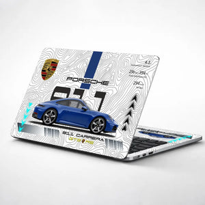 Blue Porsche 911 Carrera White Topographic Map Design Laptop Skin - View 1