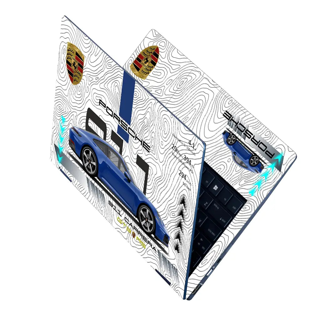 Blue Porsche 911 Carrera White Topographic Map Design Laptop Skin - View 2