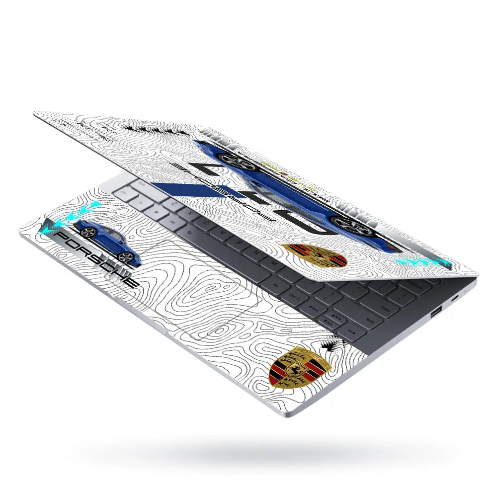 Blue Porsche 911 Carrera White Topographic Map Design Laptop Skin - View 3