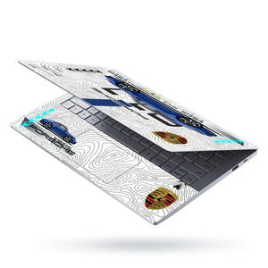 Blue Porsche 911 Carrera White Topographic Map Design Laptop Skin - View 3