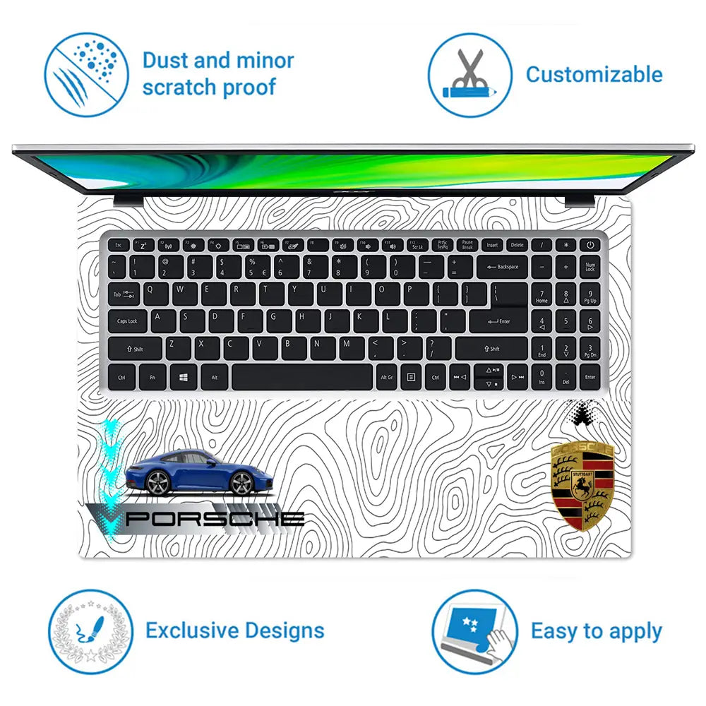 Blue Porsche 911 Carrera White Topographic Map Design Laptop Skin - View 5