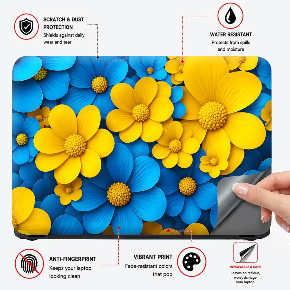 Blue Yellow Daisies Cluster Laptop Skin - View 4