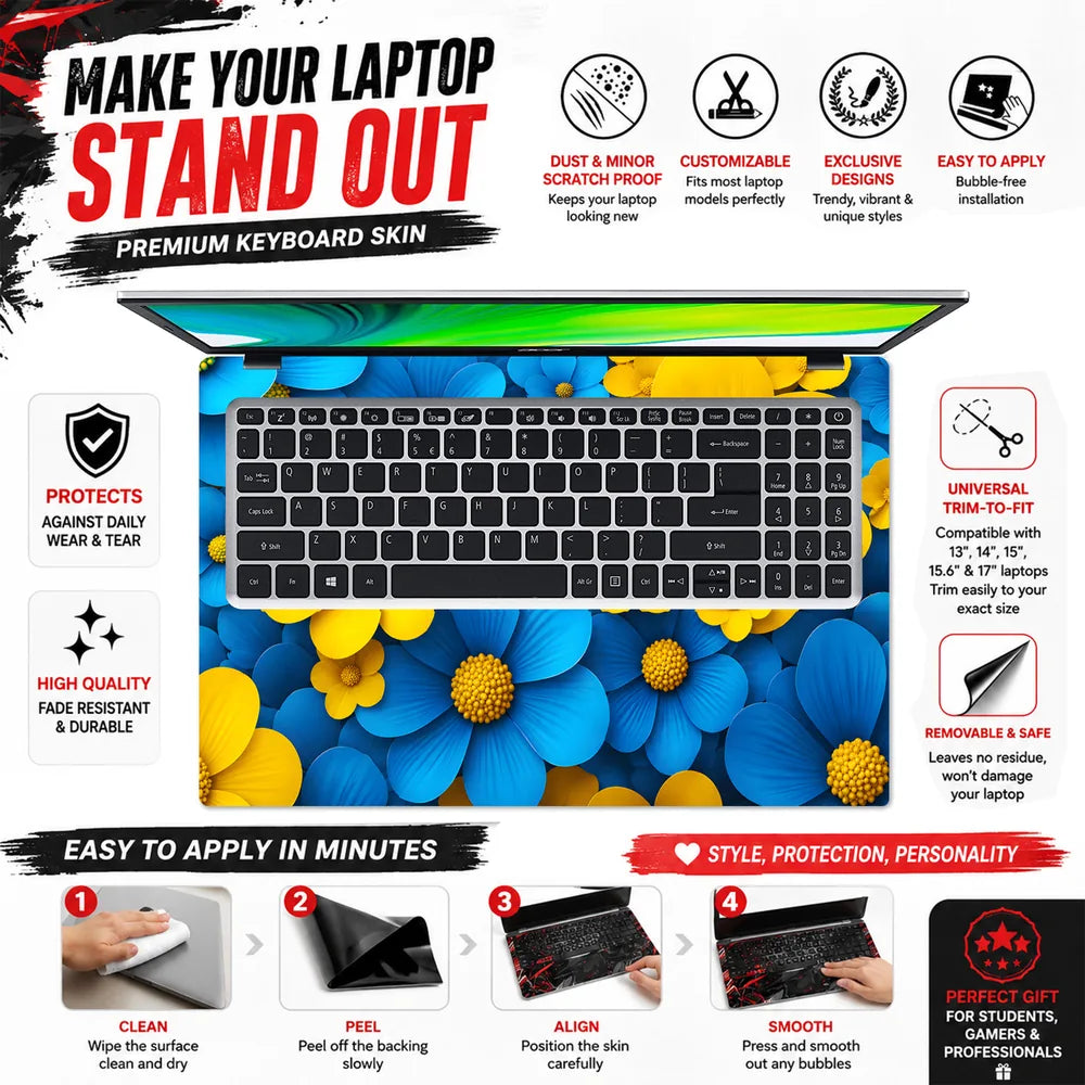 Blue Yellow Daisies Cluster Laptop Skin - View 5