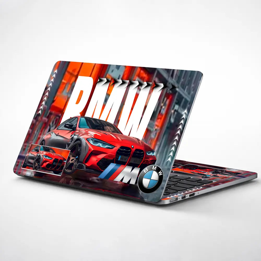BMW M Series Red Sports Car with Urban Street Background Laptop Skin - View 1