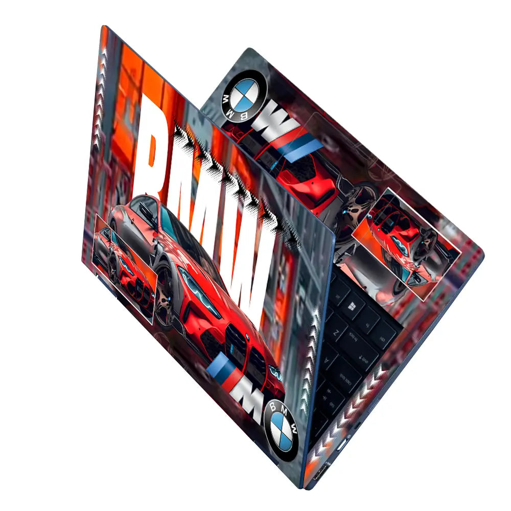BMW M Series Red Sports Car with Urban Street Background Laptop Skin - View 2