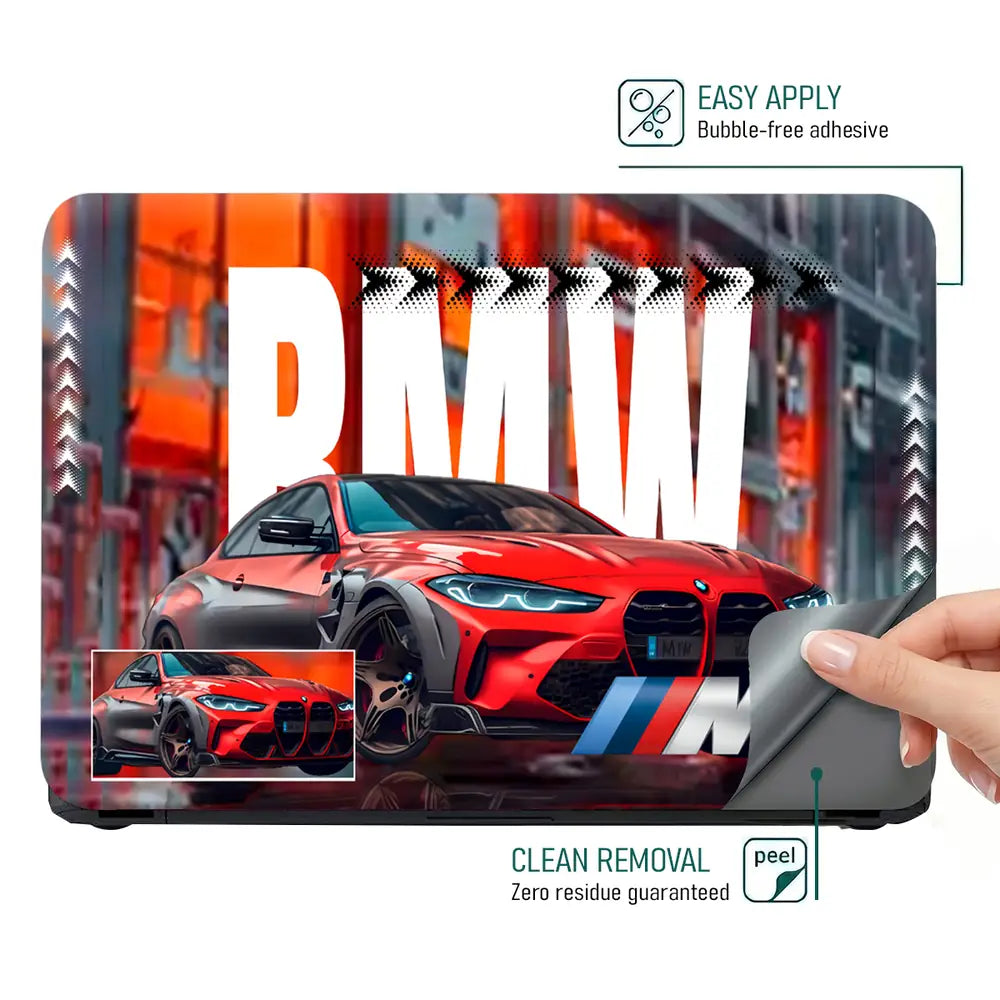 BMW M Series Red Sports Car with Urban Street Background Laptop Skin - View 4