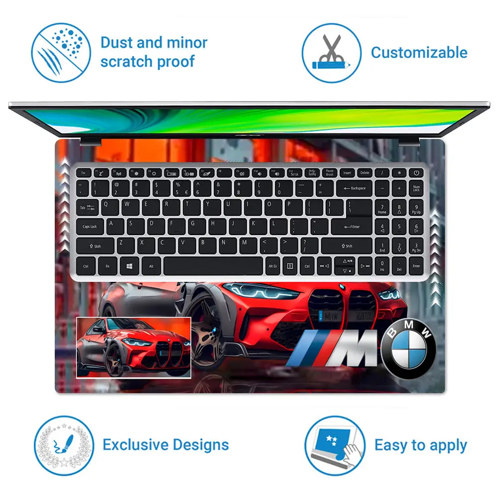 BMW M Series Red Sports Car with Urban Street Background Laptop Skin - View 5