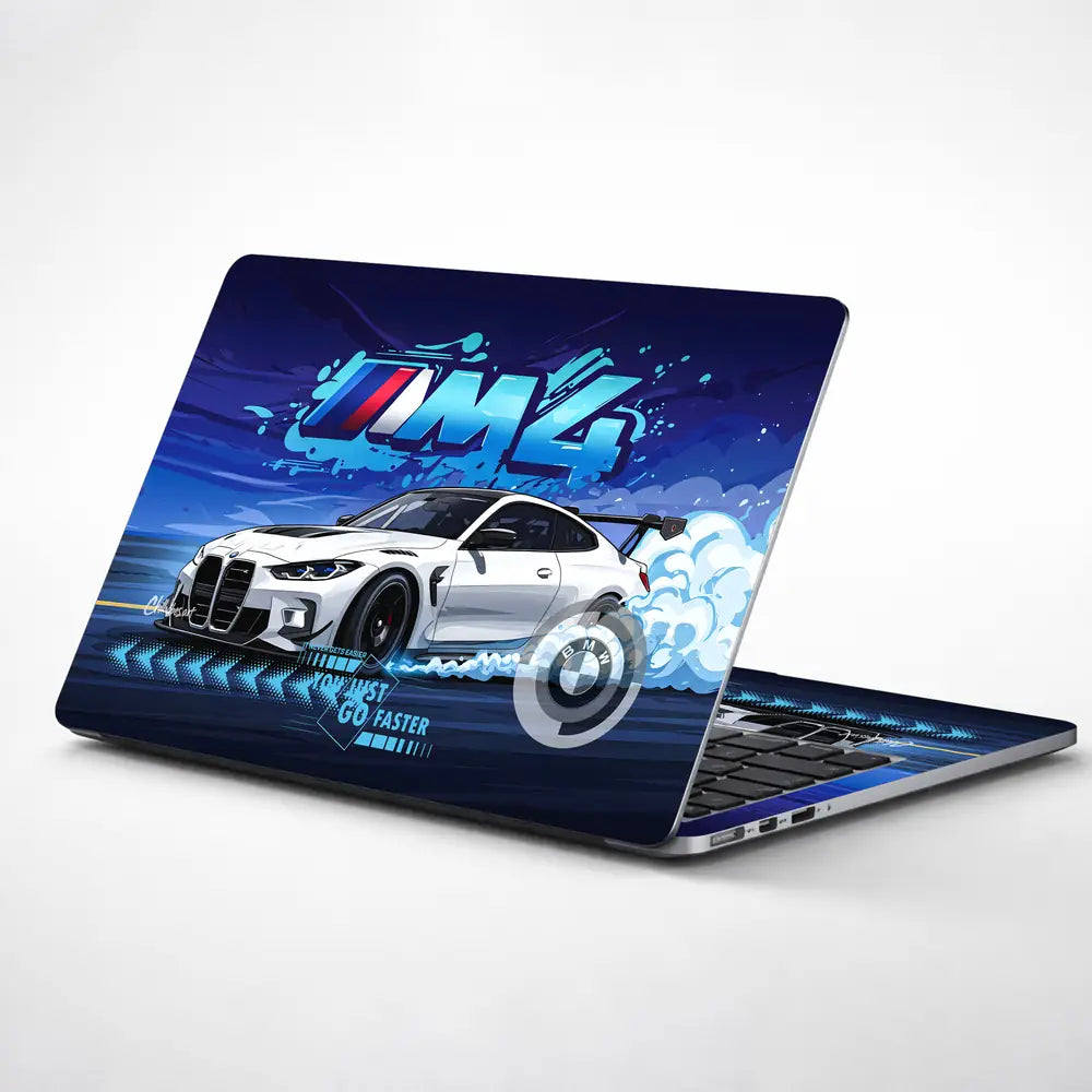 BMW M4 White Coupe Blue Racing Laptop Skin - View 1