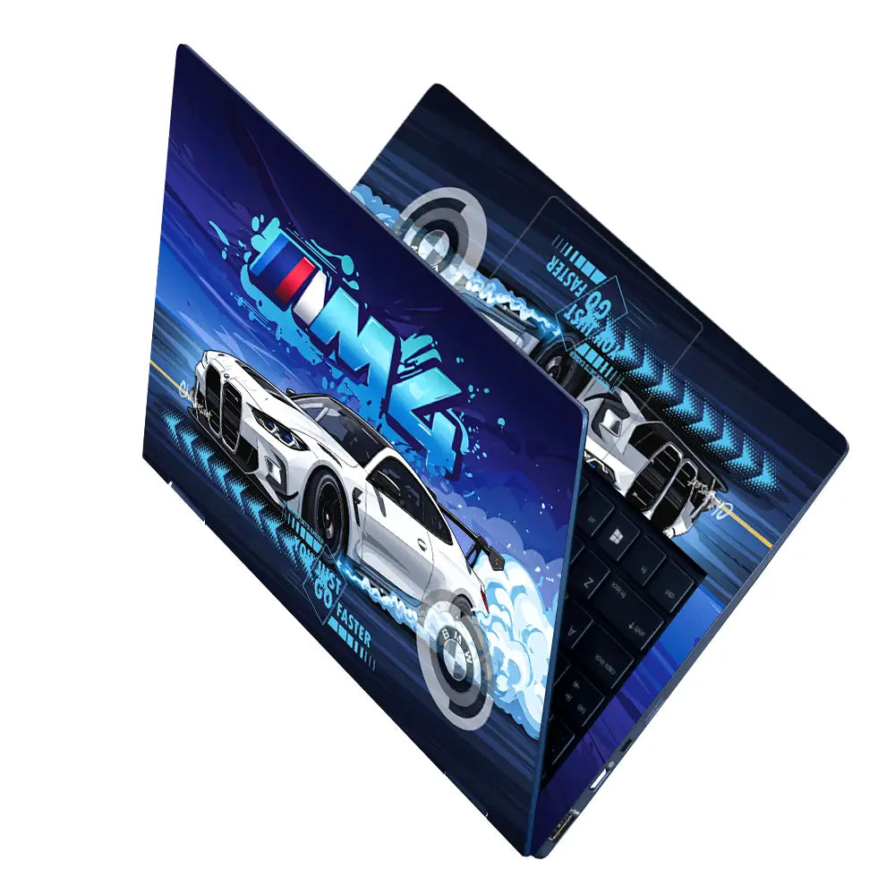 BMW M4 White Coupe Blue Racing Laptop Skin - View 2