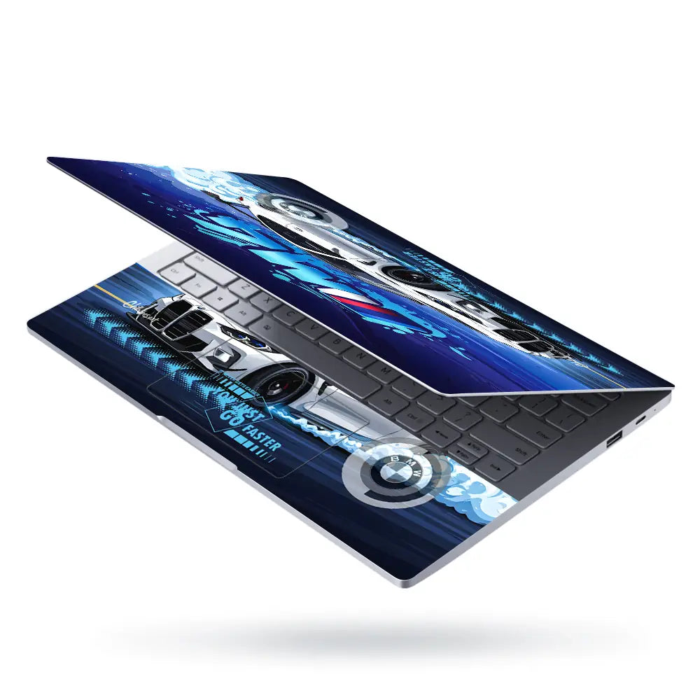 BMW M4 White Coupe Blue Racing Laptop Skin - View 3