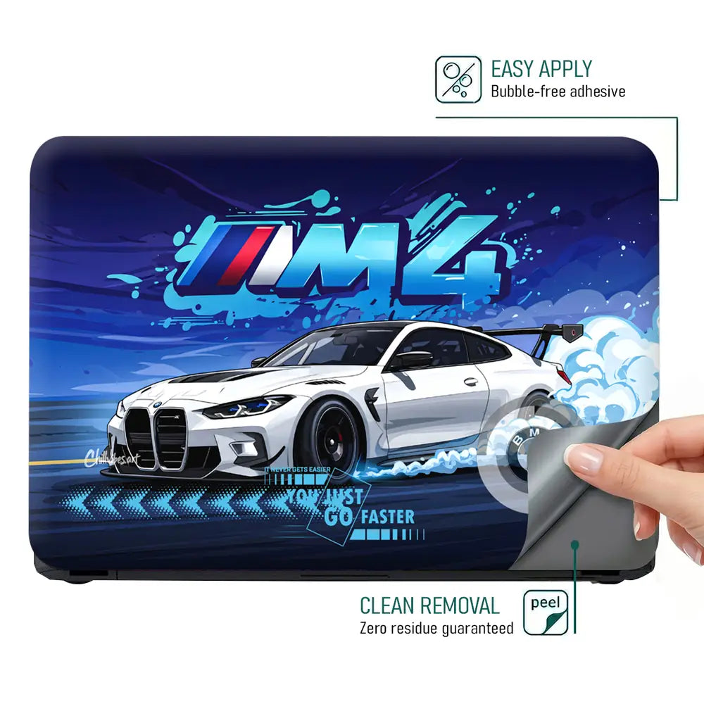 BMW M4 White Coupe Blue Racing Laptop Skin - View 4