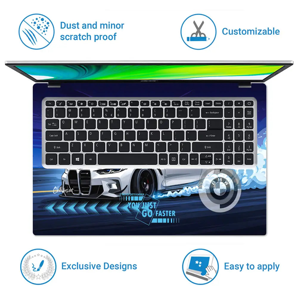 BMW M4 White Coupe Blue Racing Laptop Skin - View 5