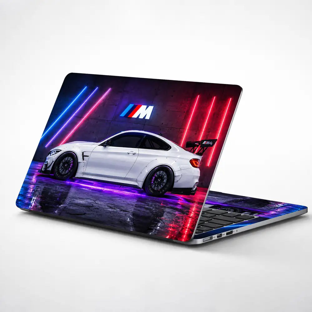 BMW M4 White Neon Garage Laptop Skin - View 1