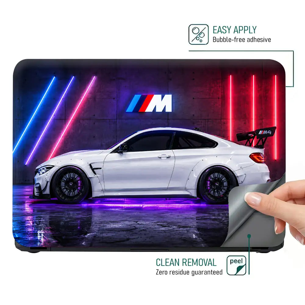 BMW M4 White Neon Garage Laptop Skin - View 4