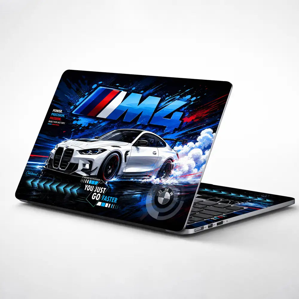 BMW M4 White Smoke Drift Blue Laptop Skin - View 1