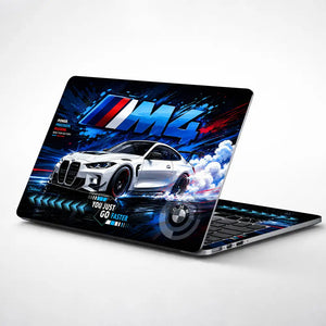BMW M4 White Smoke Drift Blue Laptop Skin - View 1