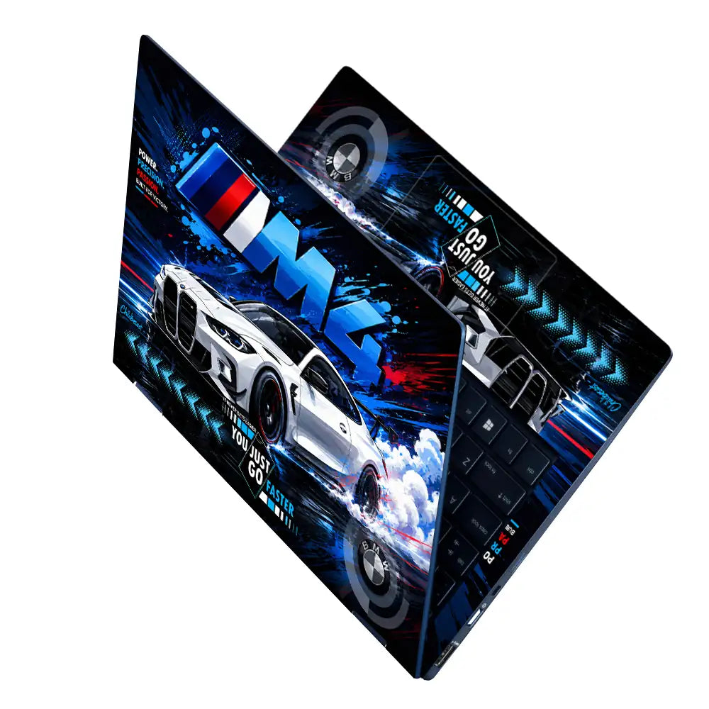 BMW M4 White Smoke Drift Blue Laptop Skin - View 2