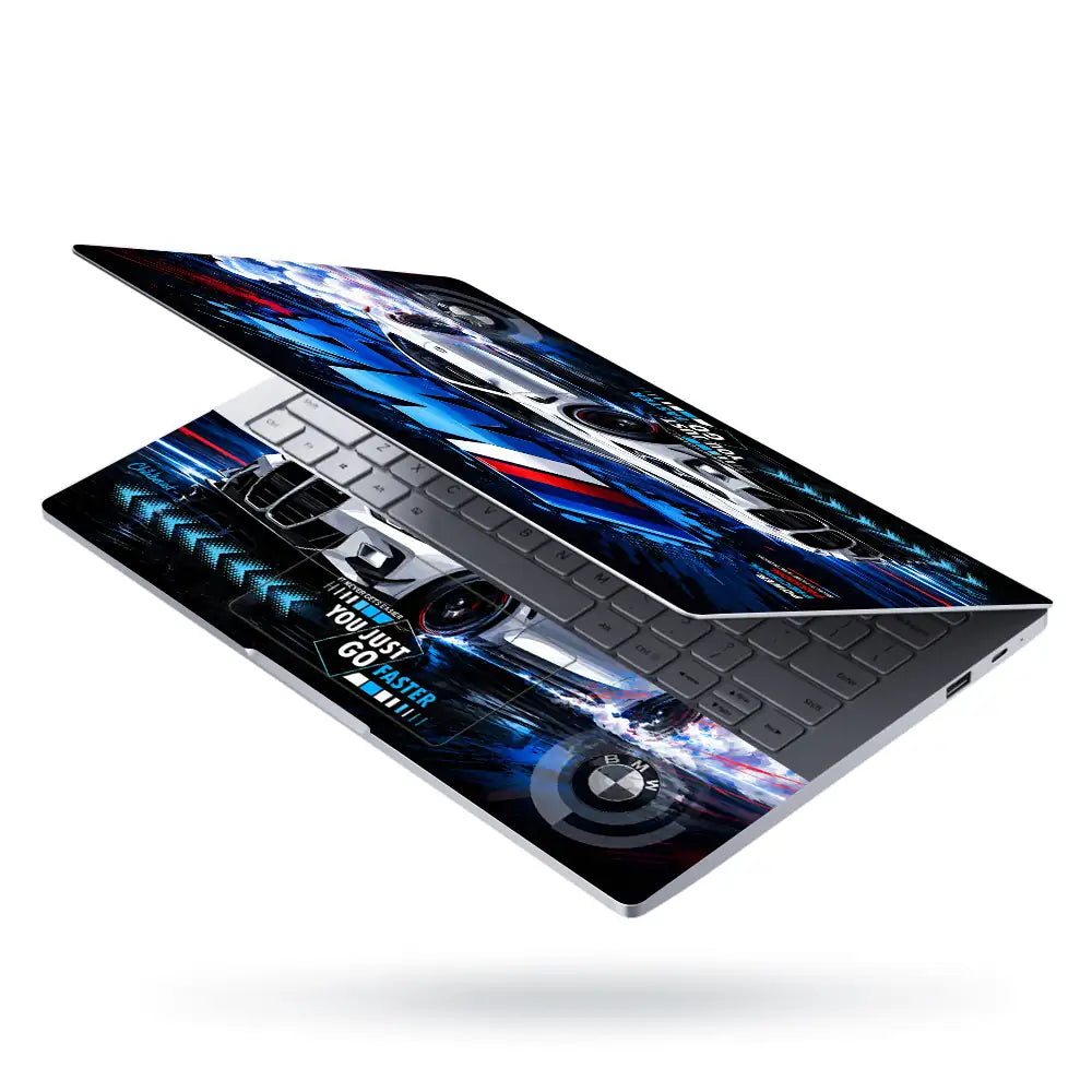BMW M4 White Smoke Drift Blue Laptop Skin - View 3