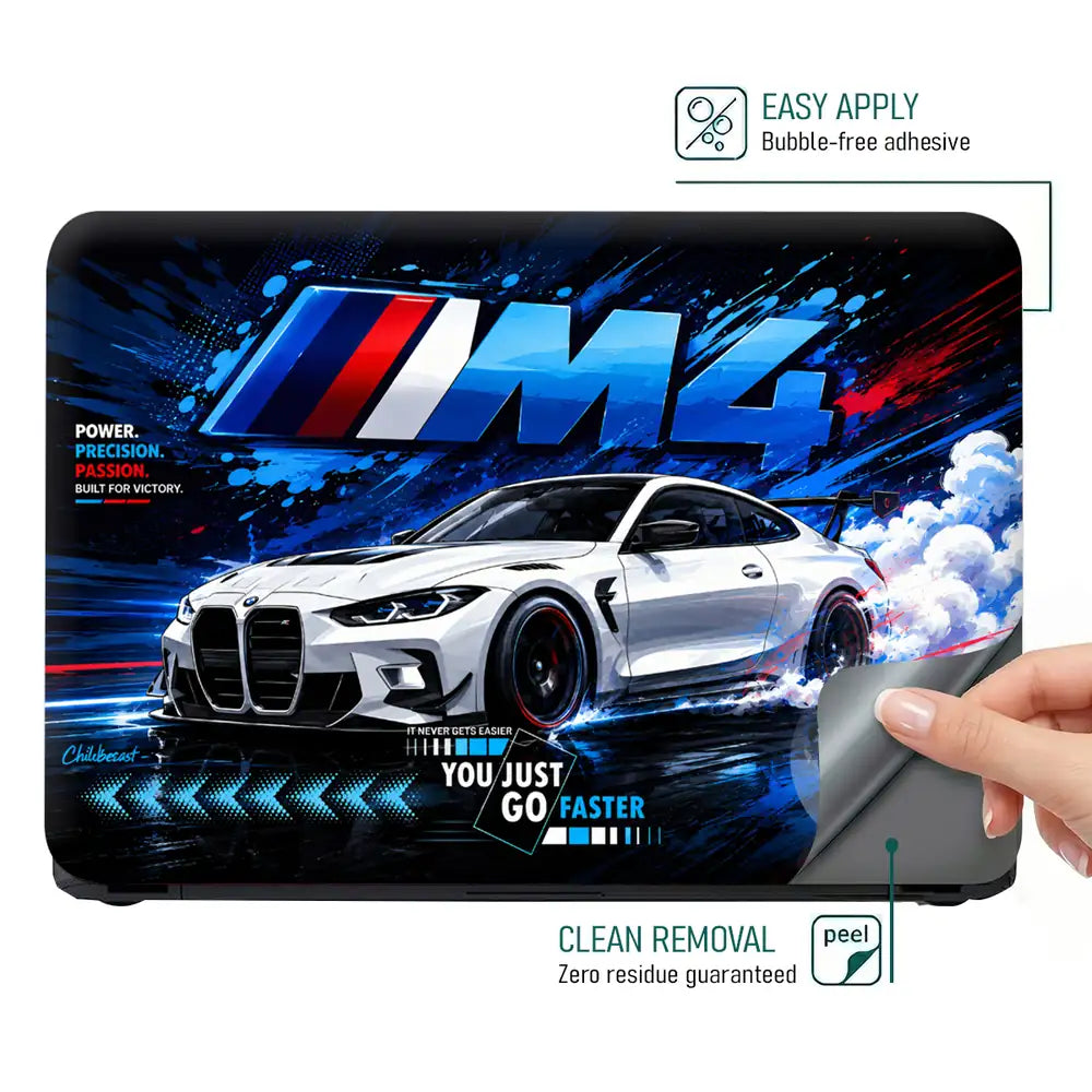 BMW M4 White Smoke Drift Blue Laptop Skin - View 4