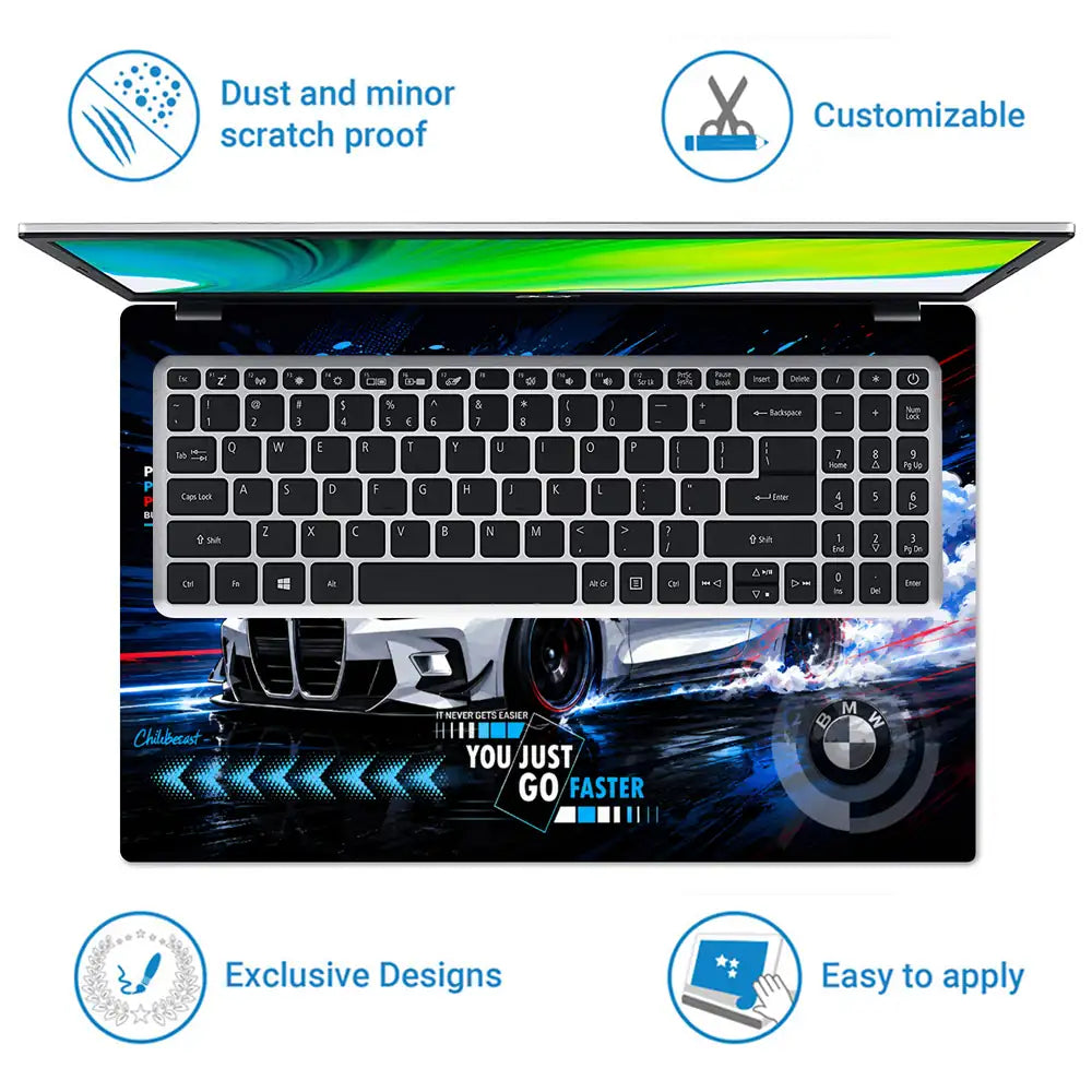 BMW M4 White Smoke Drift Blue Laptop Skin - View 5