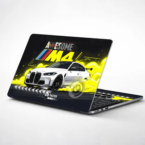BMW M4 Yellow Smoke Drift Art Laptop Skin - View 1