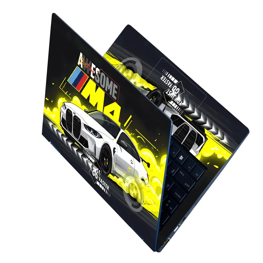BMW M4 Yellow Smoke Drift Art Laptop Skin - View 2