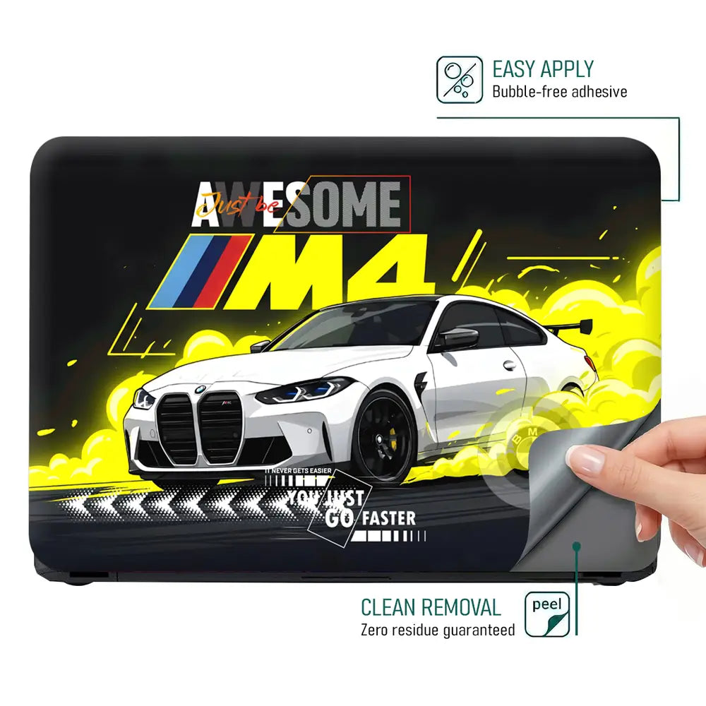 BMW M4 Yellow Smoke Drift Art Laptop Skin - View 4