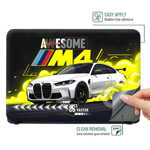 BMW M4 Yellow Smoke Drift Art Laptop Skin - View 4