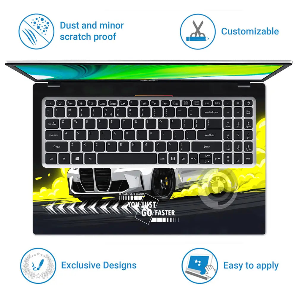 BMW M4 Yellow Smoke Drift Art Laptop Skin - View 5